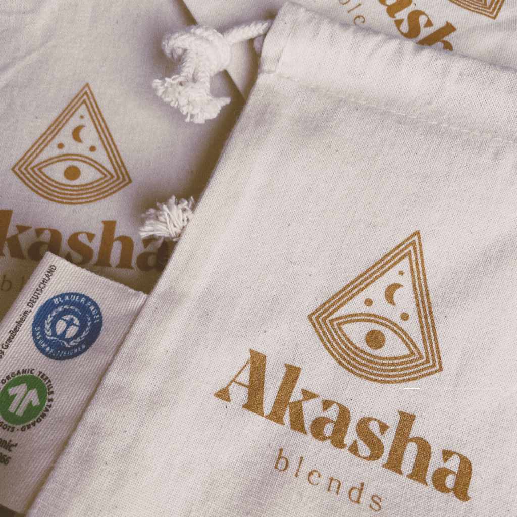 Cotton bag with Akasha blends logo and Fairtrade Bio Cotton label