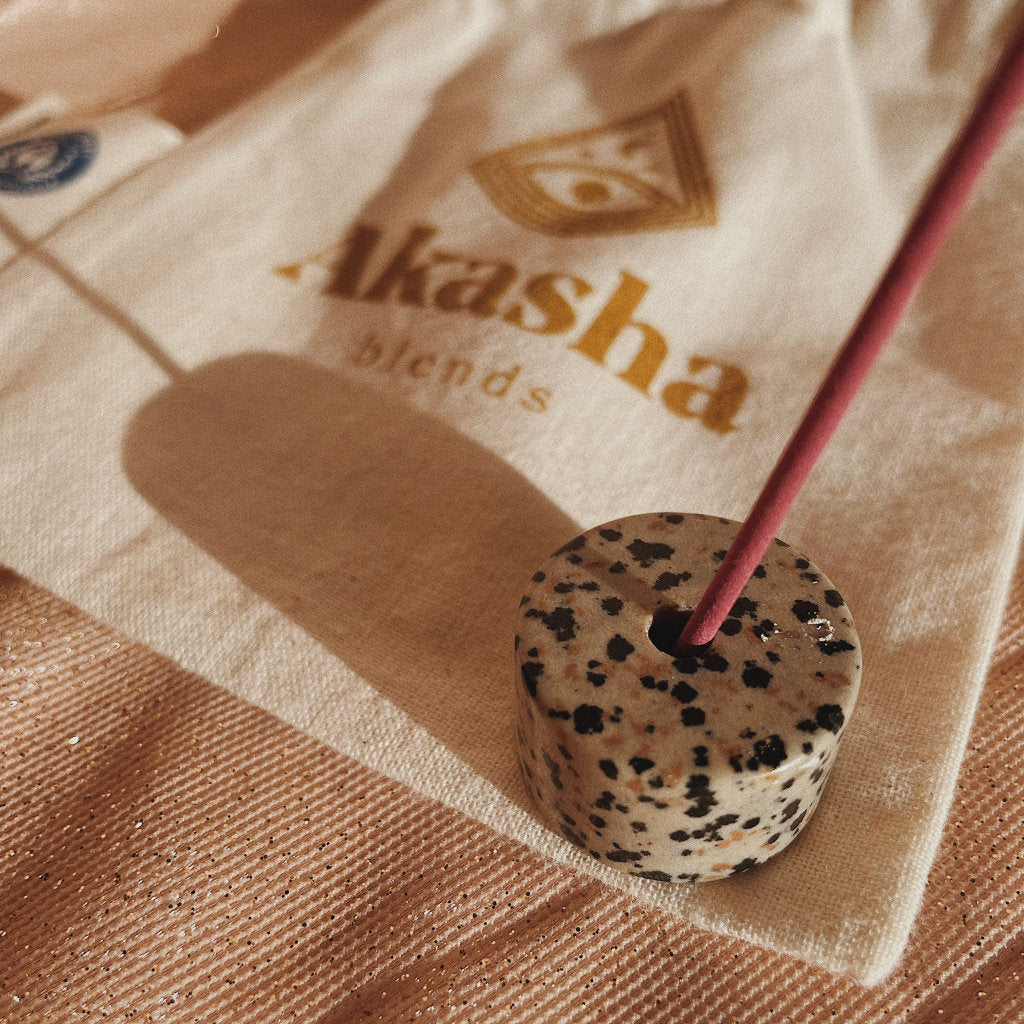 Akasha blends radiating ritual set items with Lotus incense and Dalmatian Jasper incense holder and Akasha blends Fairtrade cotton bag